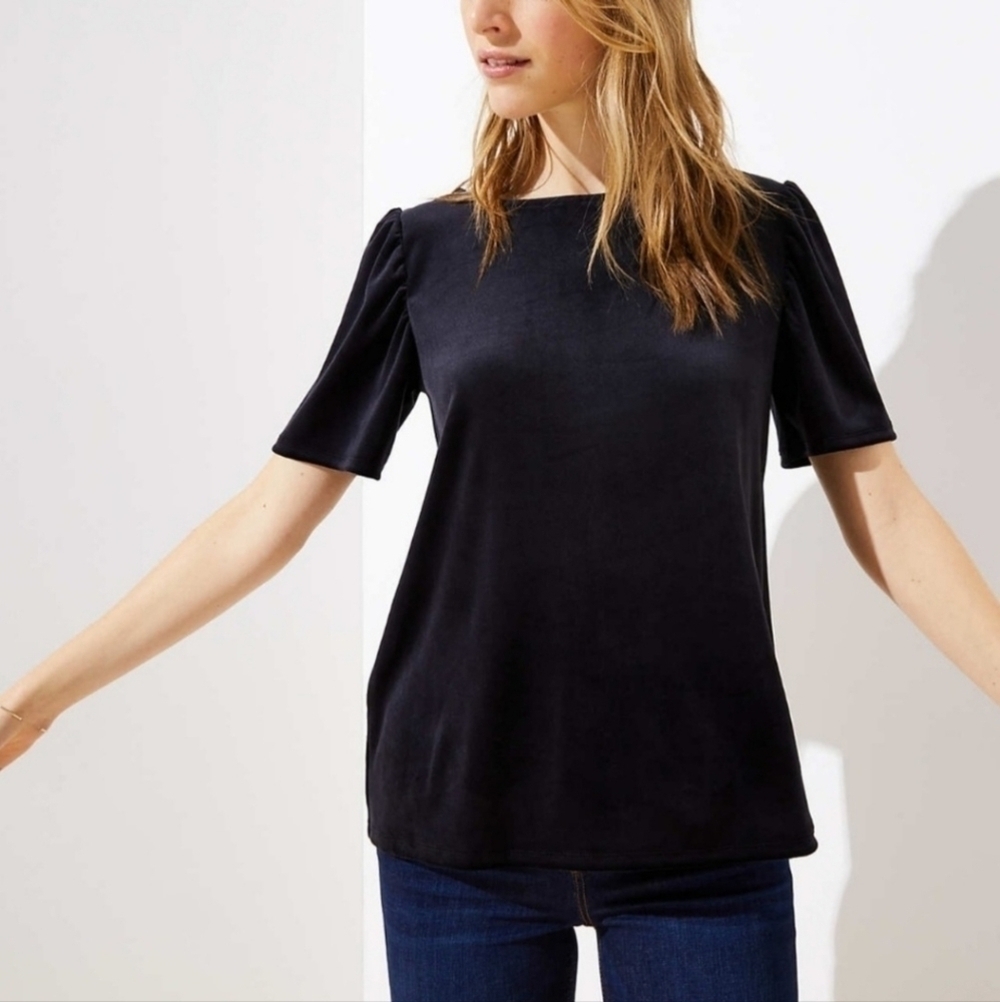 Loft Black Velvet Ruffle Short Sleeve Keyhole Blouse Women's Small Petite SP EUC